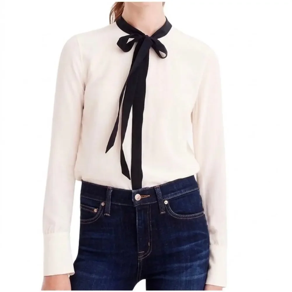 J. Crew | Women | 100% Silk Drape Collarless Bow Tie Button Up Blouse | Size 00